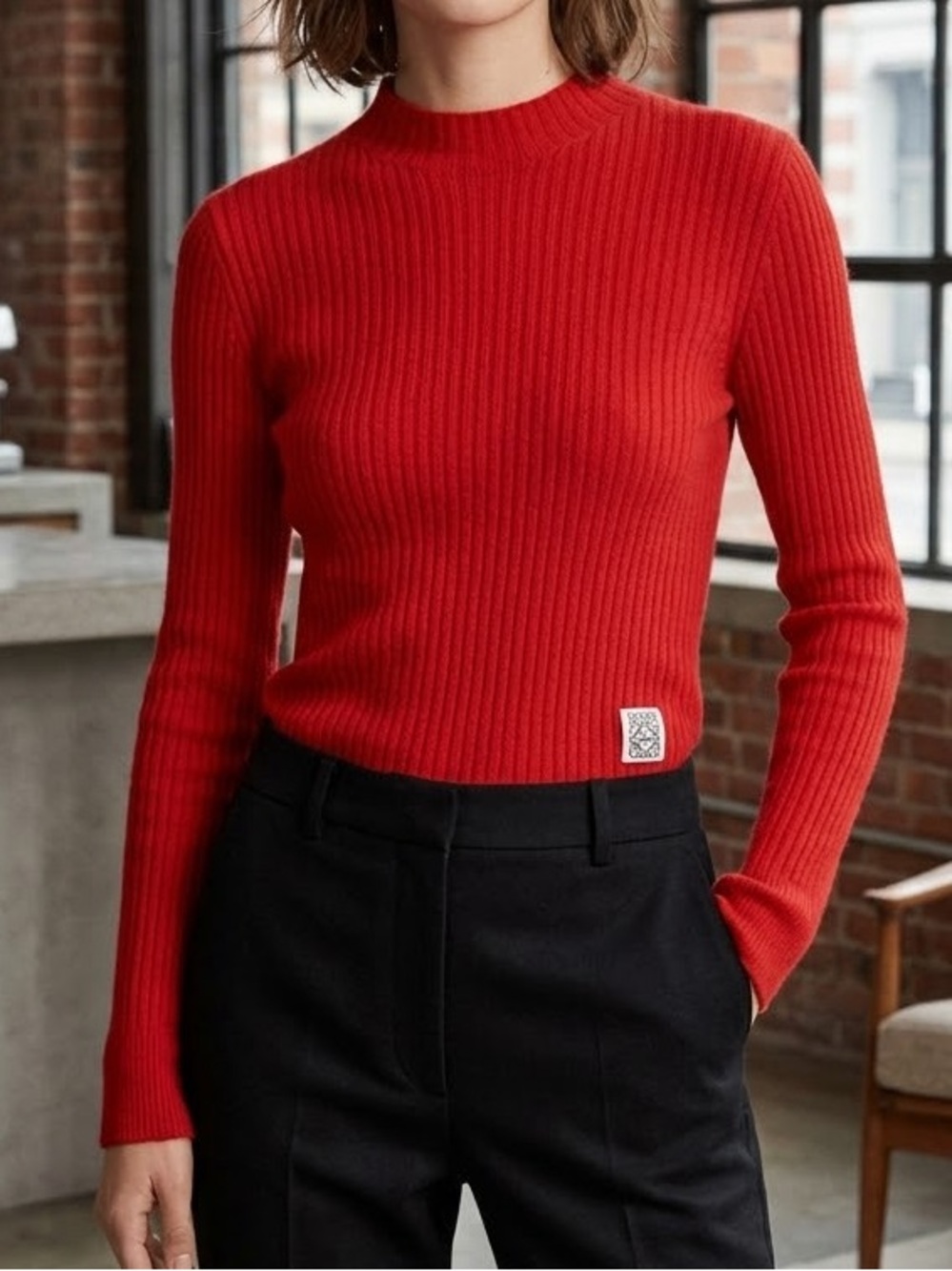 Red Ribbed Long-Sleeve Women's Top